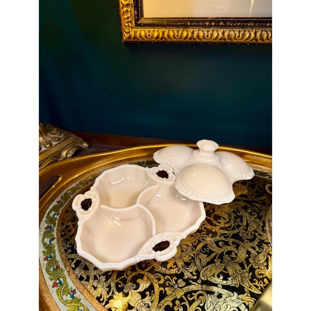 Vintage Pink Milk Glass Lidded‎ Divided Dish – Opaline Vanity or Candy Dish